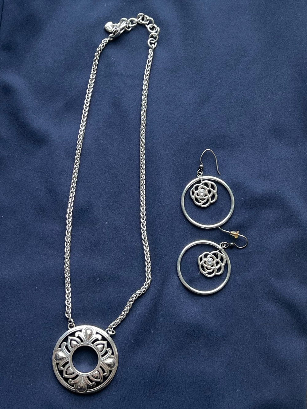 Brighton Silver-Tone Floral Ring Pendant Necklace with Hoop Earrings
